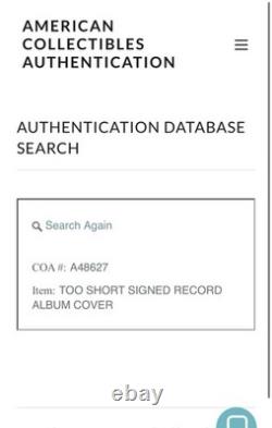 Too $hort Autographed Cocktales Signed Record Vinyl withCOA