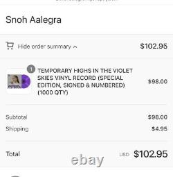Snoh Aalegra Temporary Highs In The Violet Skies Violet Vinyle Signé Autographé